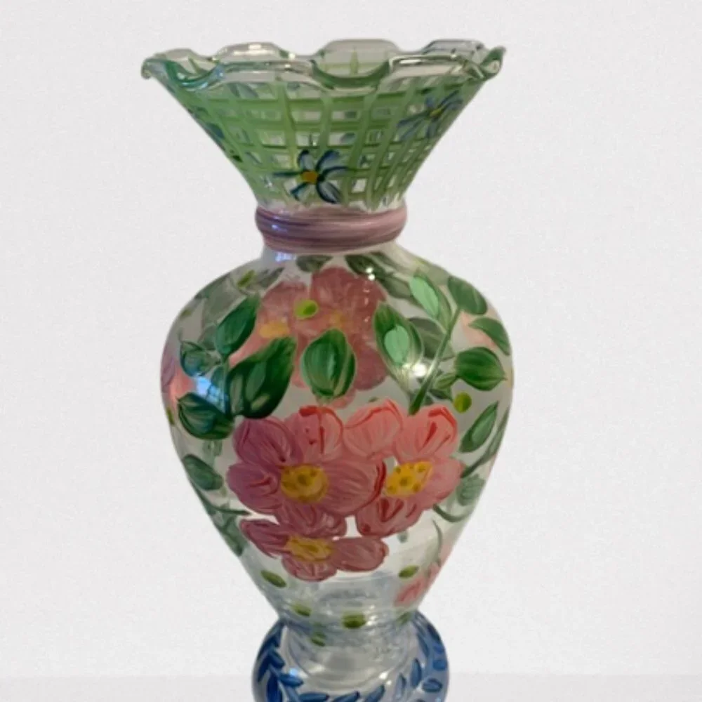 Hand-Painted Pink Green Ruffled Edge Checked Floral Vase by Tracy Poter 6.5